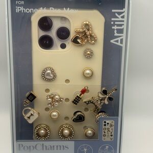 Decorative Silicone Phone Case with Gold Charms - Cream for iPhone 16 Pro Max